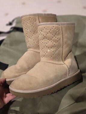Women’s Uggs Tan Suede Mid-Calf Boots with Crystal Accents